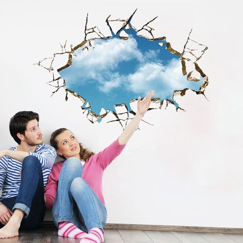 Broken Hole 3D Blue Sky Cloud Wall Sticker Living Room Decoration Decals 50x70cm