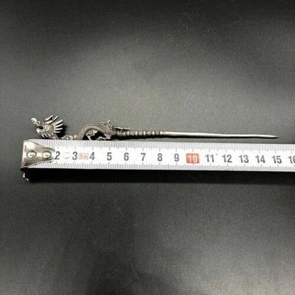 Chinese Old Tibetan silver Copper hand carved Dragon hairpin Statues