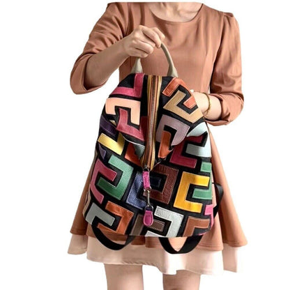 Desinger Real Leather Women's Backpack, Colorful Patchwork Travel Shoulder Bag