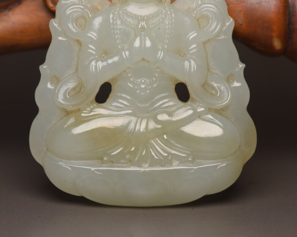 Chinese Top Natural Hetian Jade Carved Kwan Yin Statue Good Luck Pendant Jewelry