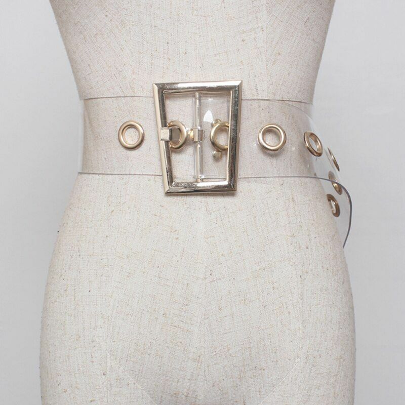 Women Transparent Belts Trapezoid Gold Metal Buckle Wide Dress Jeans Waistbands