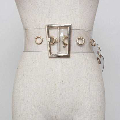 Women Transparent Belts Trapezoid Gold Metal Buckle Wide Dress Jeans Waistbands