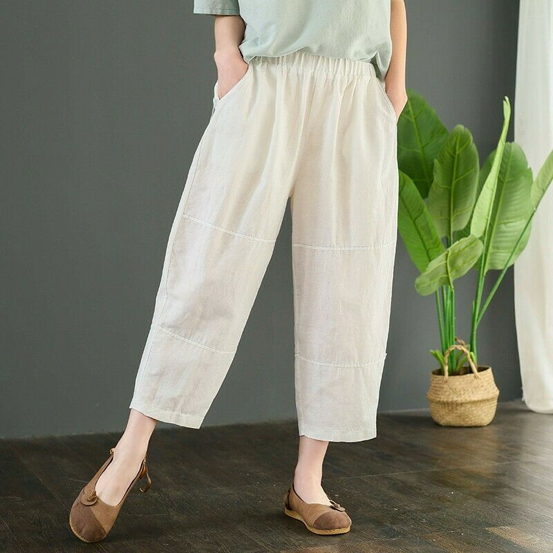 Women Comfort Loose Fit Baggy Flax Linen Harem Pants Leisure Pockets Trousers @