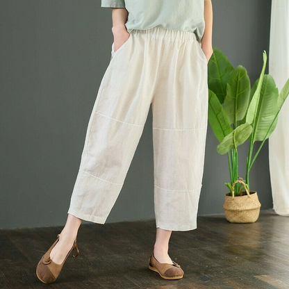 Women Comfort Loose Fit Baggy Flax Linen Harem Pants Leisure Pockets Trousers @
