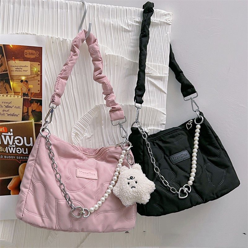 Heart Thread Bag Chain Shoulder Bag Zipper Beaded Handbag Black Brown White Pink