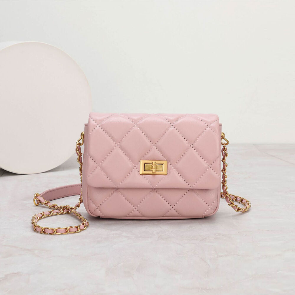 Small Mini Quilted Sheepskin Leather Flap Purse Shoulder Bag Handbag w/ Chain