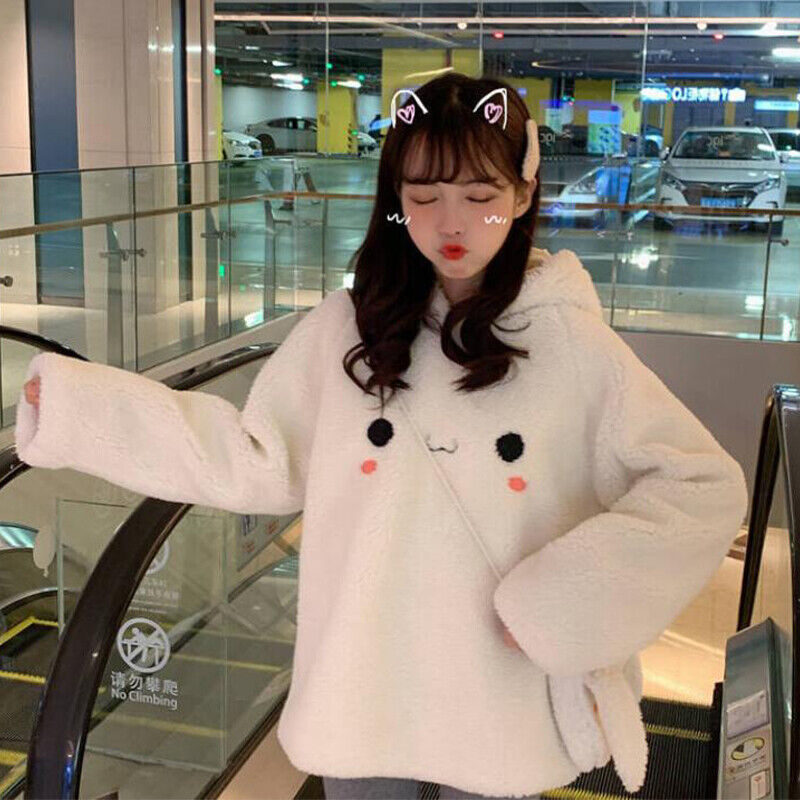 Women Girl Japanese Kawaii Hoodie +Bag Thicken Sherpa Sweatshirt Jumper Harajuku