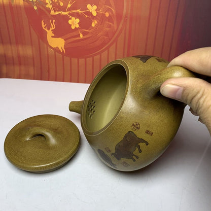 Vintage Chinese Yixing Purple Clay Teapot Zisha Ceremony Painted Cattle Teaware
