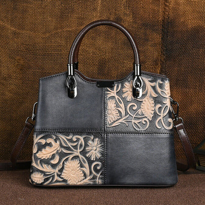 Women's Retro Genuine Leather Handbags Floral Embossed Tote Shoulder Bags
