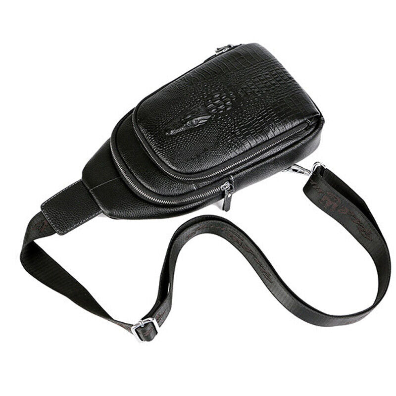 Men's Genuine Leather Crocodile Sling Backpack Crossbody Chest Bag Shoulder Bag