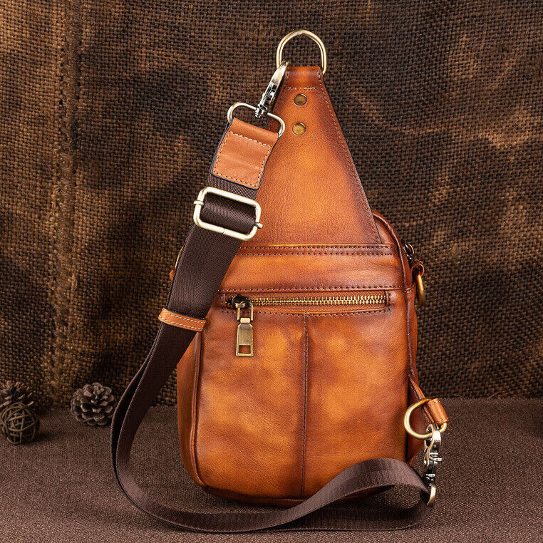 Men's Sling Backpack, 100% Cowhide Leather Vintage Chest Bag Crossbody Daypack