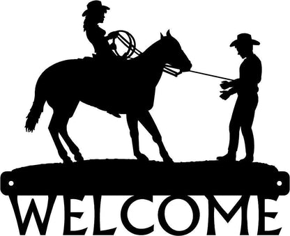 Fine Catch - Cowboy & Cowgirl Welcome Sign - 12 inch Wide Metal Wall Art