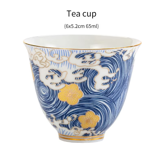 Ceramic Tea Cup Blue Gold Flower Set of 6 Chinese Kung Fu Tea Cups