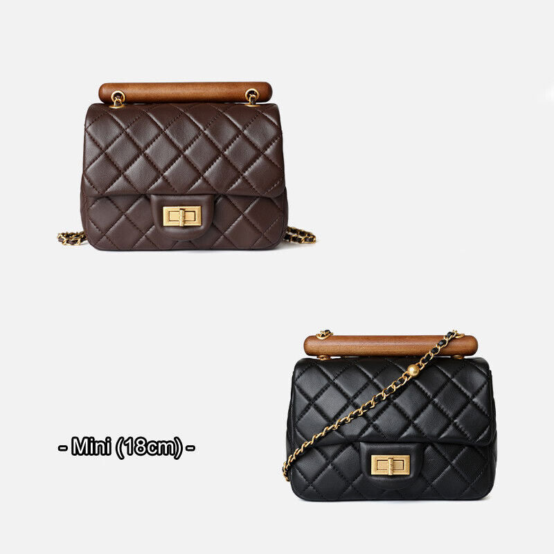 Small Mini Quilted Lambskin Leather Wood Handle Bag Flap Shoulder Purse w/ Chain