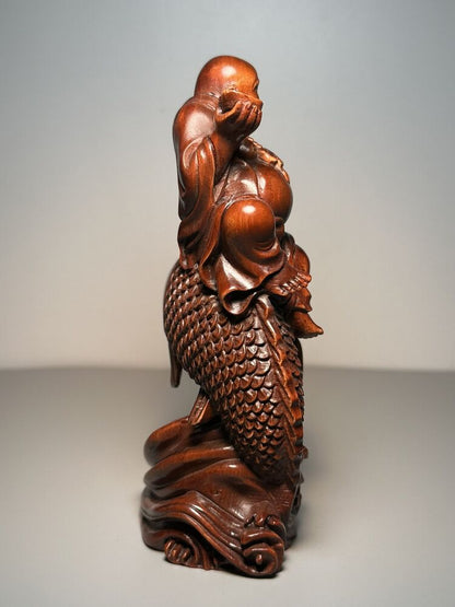 Chinese Boxwood Carving Sit Fish Laughing Buddha Statue Decor Wooden Sculpture