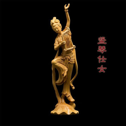 1set 4pcs Chinese Boxwood Huang-yang wood carving Flying Beauty girl Statue #66