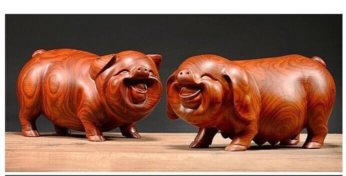 Pig Figurine Feng Shui Mahogany Wood Craft Carving Handmade Home Ornament 8-15cm