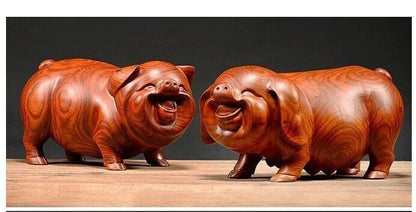 Pig Figurine Feng Shui Mahogany Wood Craft Carving Handmade Home Ornament 8-15cm