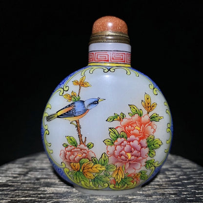 chinese glass snuff bottle Statue Painted flower bird rare colored glaze art