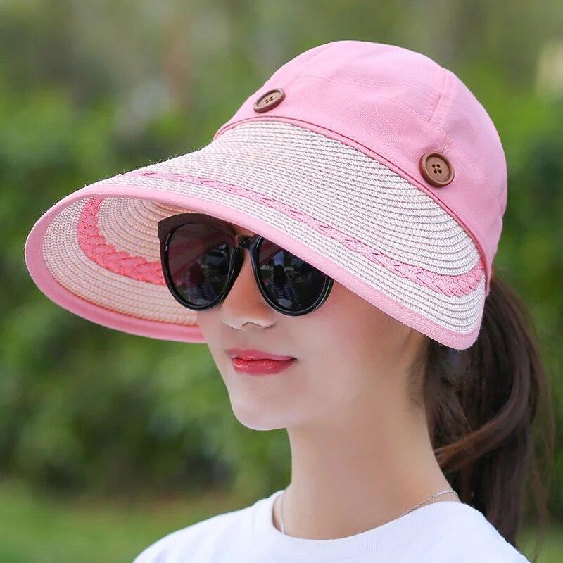Women Large Brim Floppy Hat Wide Straw Button Caps Summer Beach Sun Visor Hats