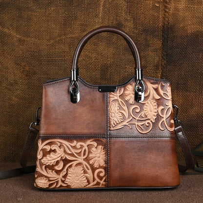 Women's Retro Genuine Leather Handbags Floral Embossed Tote Shoulder Bags