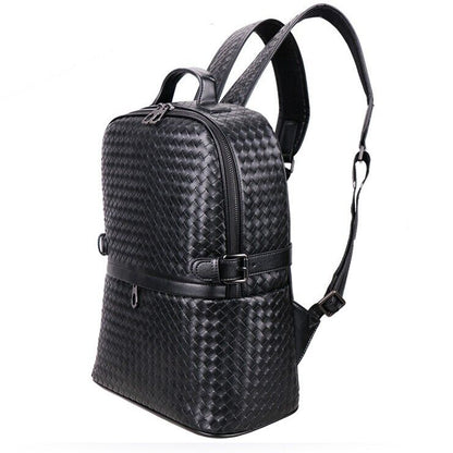 Top Real Leathe Handmade Weaving Men's Backpack Black Travel Bag School Rucksack