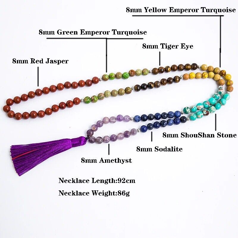 7 Chakra Necklace 8mm Natural Stones Meditation Yoga Peace Spirit Beaded Jewelry