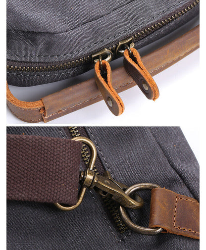 Canvas Real Leather Sling Bag One Strap Backpack Rucksack Chest Pack Vintage