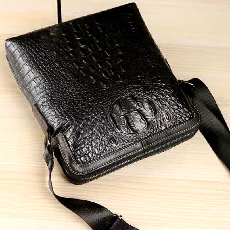100% Genuine Leather Men's Crocodile Sling Messenger/Shoulder Bag Double Zipper