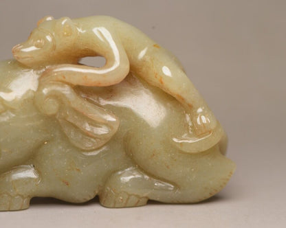 Chinese Natural Hotan Jade Carved Elephant Monkey Statue Exquisite Sculpture Art