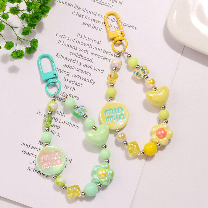 Acrylic Color-plated Heart Love Keychain Cute Flower Beaded Keyring Bag Pendant