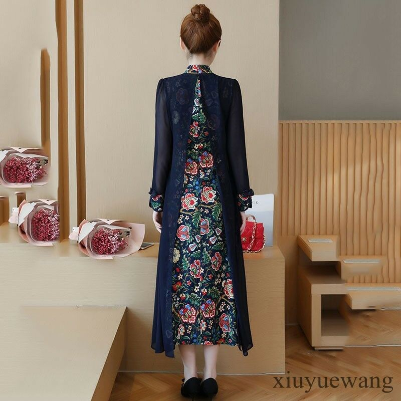 Elegant retro womens floral Ethnic style Slim qipao cheongsam long sleeve dress