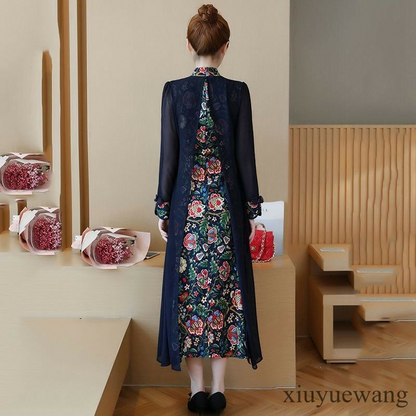 Elegant retro womens floral Ethnic style Slim qipao cheongsam long sleeve dress