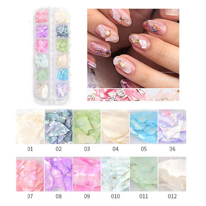 Nail Art Decor 12Design Box 3D Irregular Abalone Seashell Fragment Flakes Charms