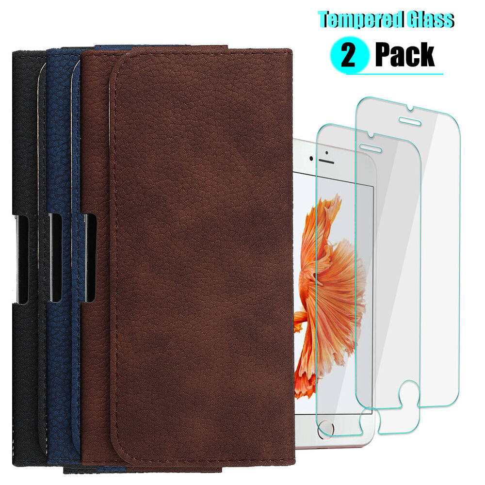 Leather Belt Loop Clip Case Cover /Tempered Glass For iPhone 6 6s 7 8 Plus