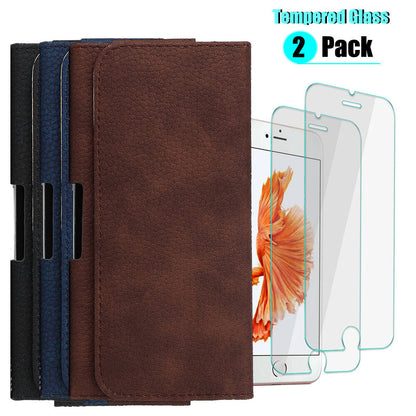 Leather Belt Loop Clip Case Cover /Tempered Glass For iPhone 6 6s 7 8 Plus