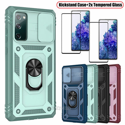 For Samsung Galaxy S20 FE 5G Stand Case + Camera Lens Slide Cover Tempered Glass