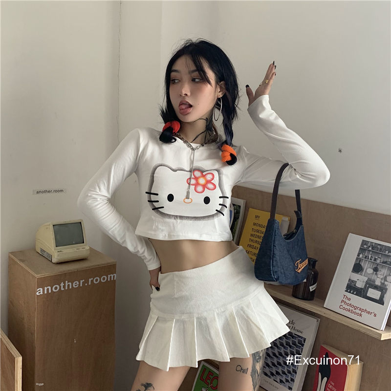 Hello Kitty cute Long Sleeved T Shirt Sexy Printed Round Neck Women Y2K Slim Top