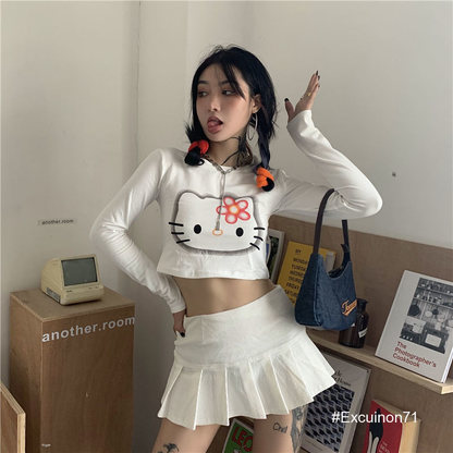 Hello Kitty cute Long Sleeved T Shirt Sexy Printed Round Neck Women Y2K Slim Top