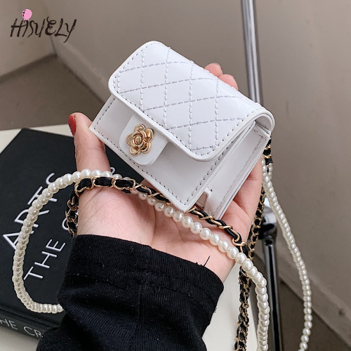 Leather Bag Women Hanging Neck Bags Earphone/Lipstick/Keys bag Pearls Waist Pack