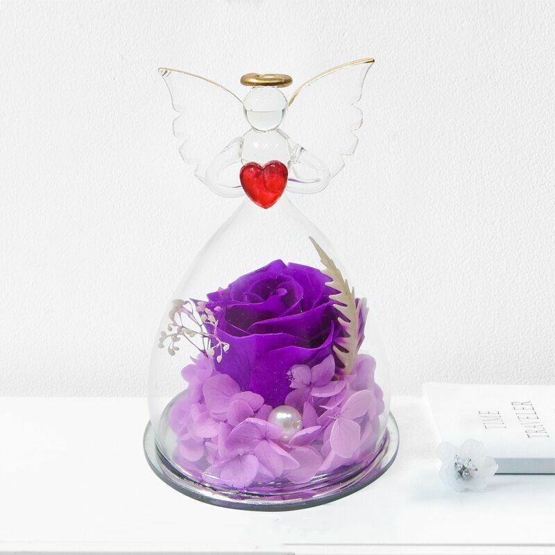Real Rose Angel In Glass Dome Preserved Flowers Wedding Birthday Gifts 2.9 x4.3"