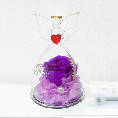Real Rose Angel In Glass Dome Preserved Flowers Wedding Birthday Gifts 2.9 x4.3"