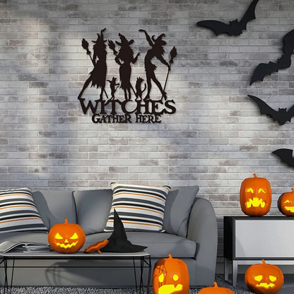 1pc, Witches Gather Here Funny Metal Sign, Halloween Farmhouse Decor Metal Sign