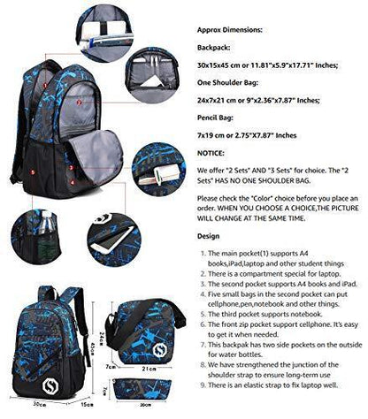 JiaYou Boy Girl Unisex 20L Fashion School Bag Backpack 20L, Usb Colorg 2 Sets