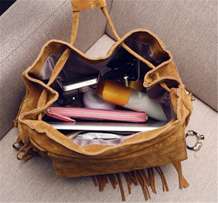 Women Tassel Backpacks Girls Suede Shoulder School Bags Travel Backbags