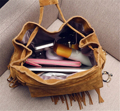 Women Tassel Backpacks Girls Suede Shoulder School Bags Travel Backbags