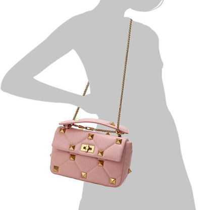Studded Leather Shoulder Bag Women Pink/Green/Black, Soft Leather Gold Chain Bag