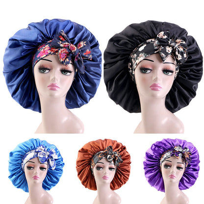 Women Large Double Layer Print Satin Bonnet Adjustable Shower Cap Bonnet Hat