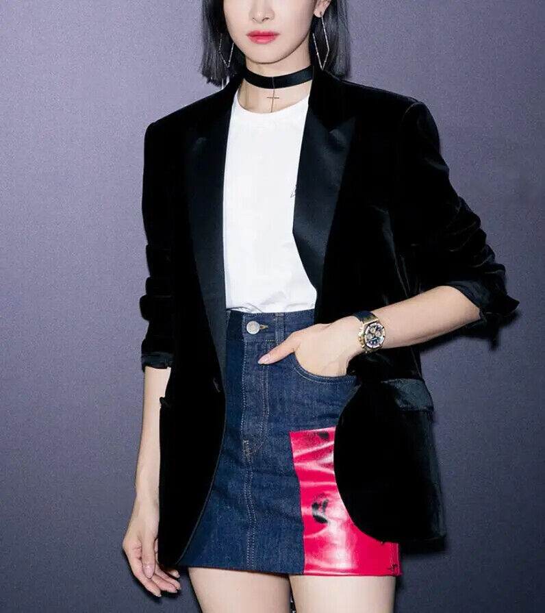 Women Velvet Blazer Coat Tops Black Jackets Autumn office lady small suit