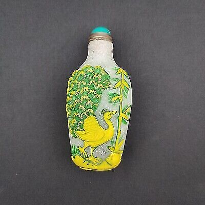 antique chinese snuff bottle peking glass yellow vintage Carved peacock statue
